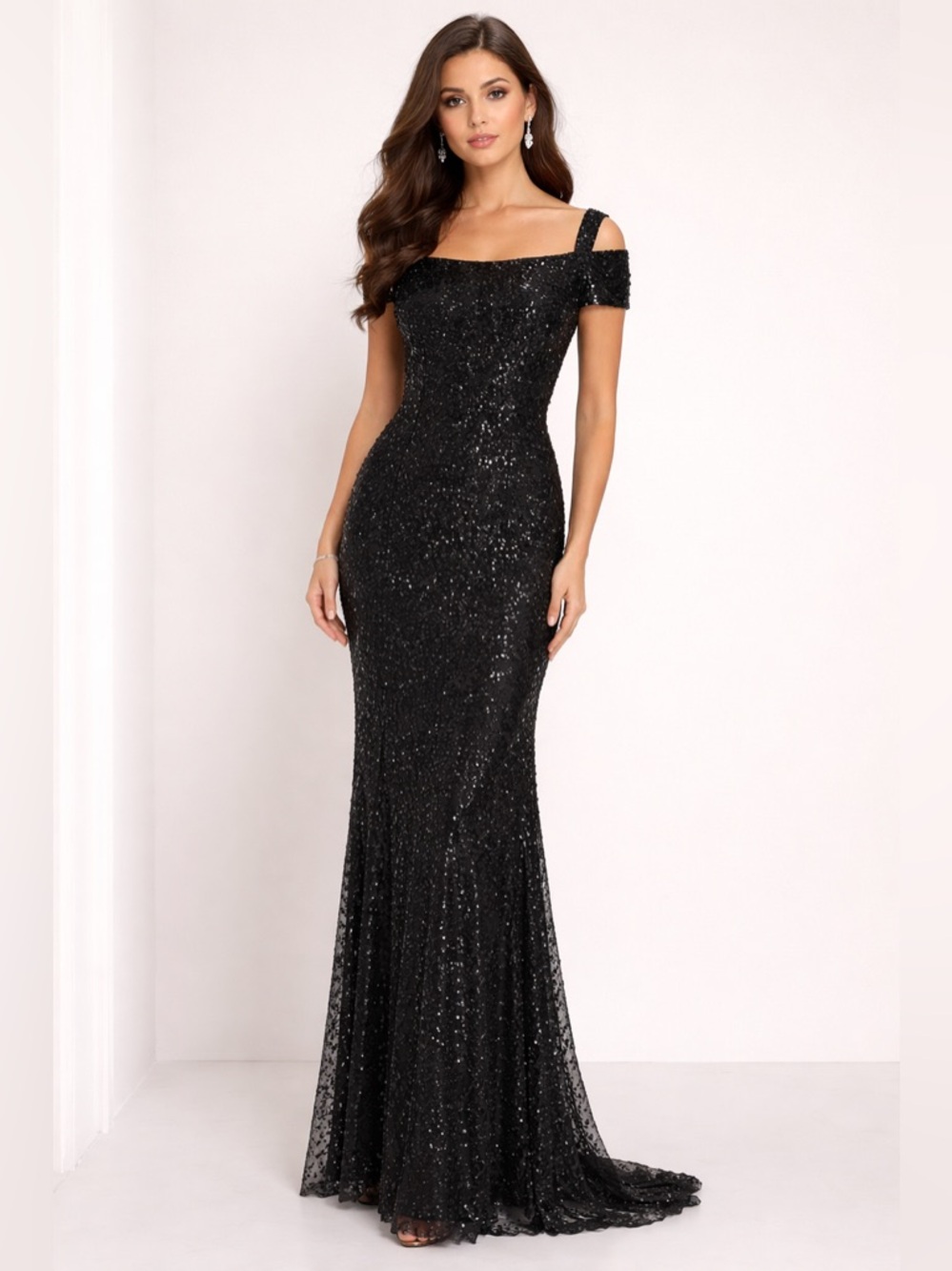 Adrianna Papell Black Sequin One-Shoulder Evening Gown